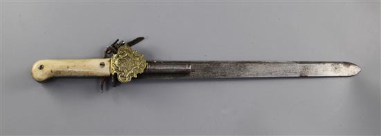 A 'made-up' flintlock hunting sword pistol, Continental, bone grips, brass shell guard, 19in.